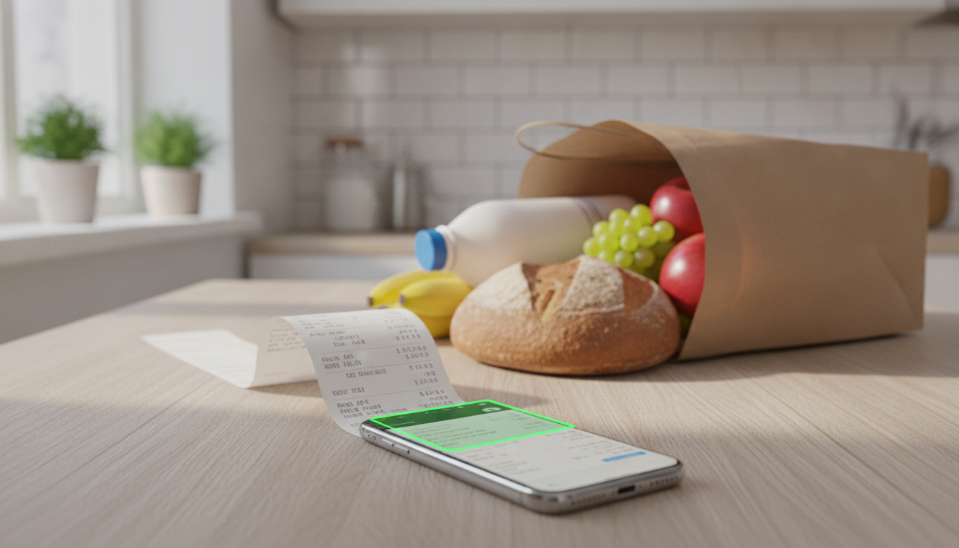 A phone displaying a receipt scanning app comparing Aldi vs Lidl prices, with groceries and receipts on a kitchen counter.