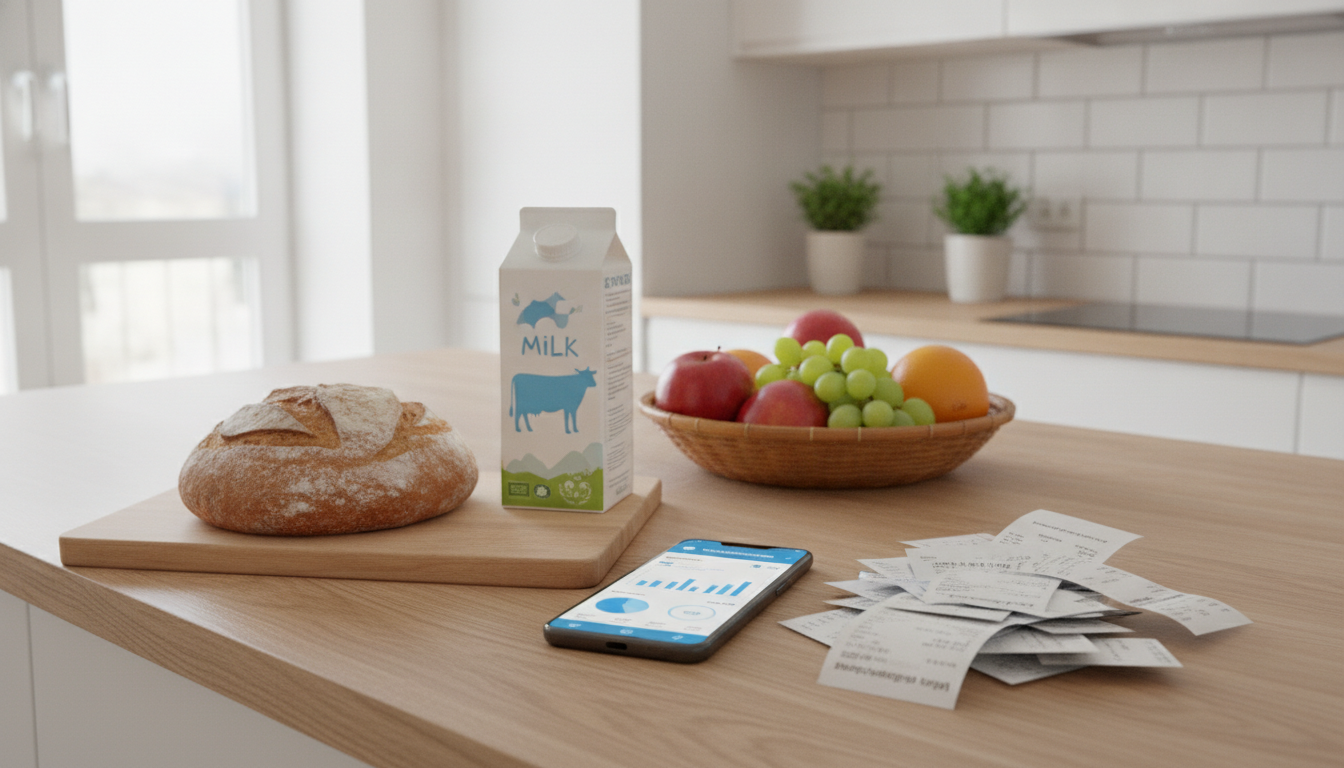 A smartphone showing a grocery tracking app next to a stack of paper receipts and fresh produce, illustrating a personal grocery inflation tracker.