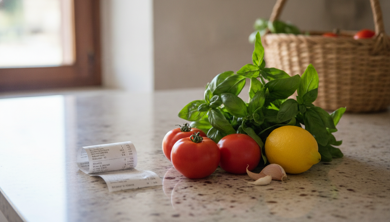 Fresh Italian produce and a supermarket receipt on a kitchen counter, representing smart ways to save money on groceries in Italy.