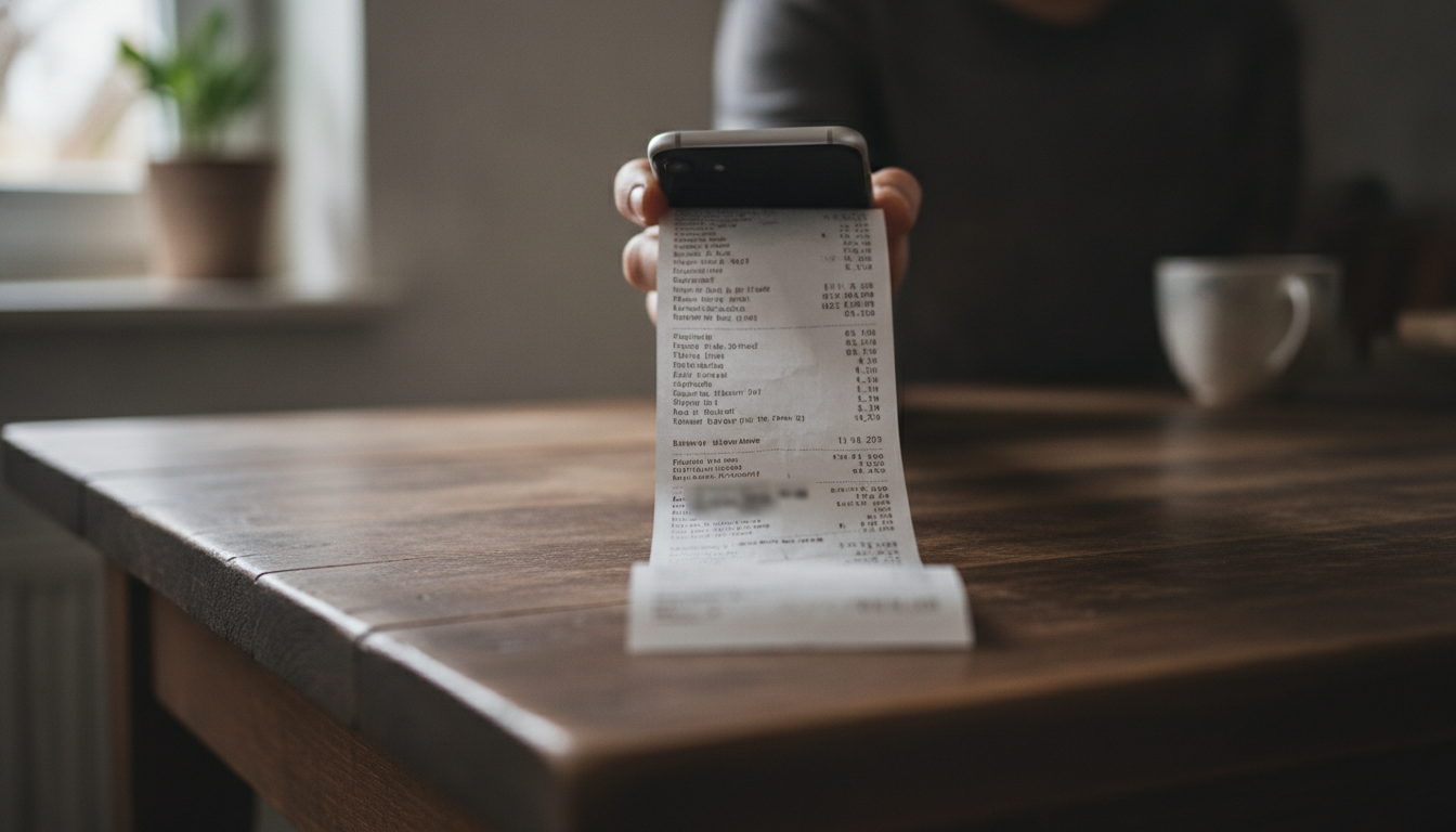 An iPhone camera focused on a long supermarket receipt, demonstrating how to scan long receipts on iPhone.